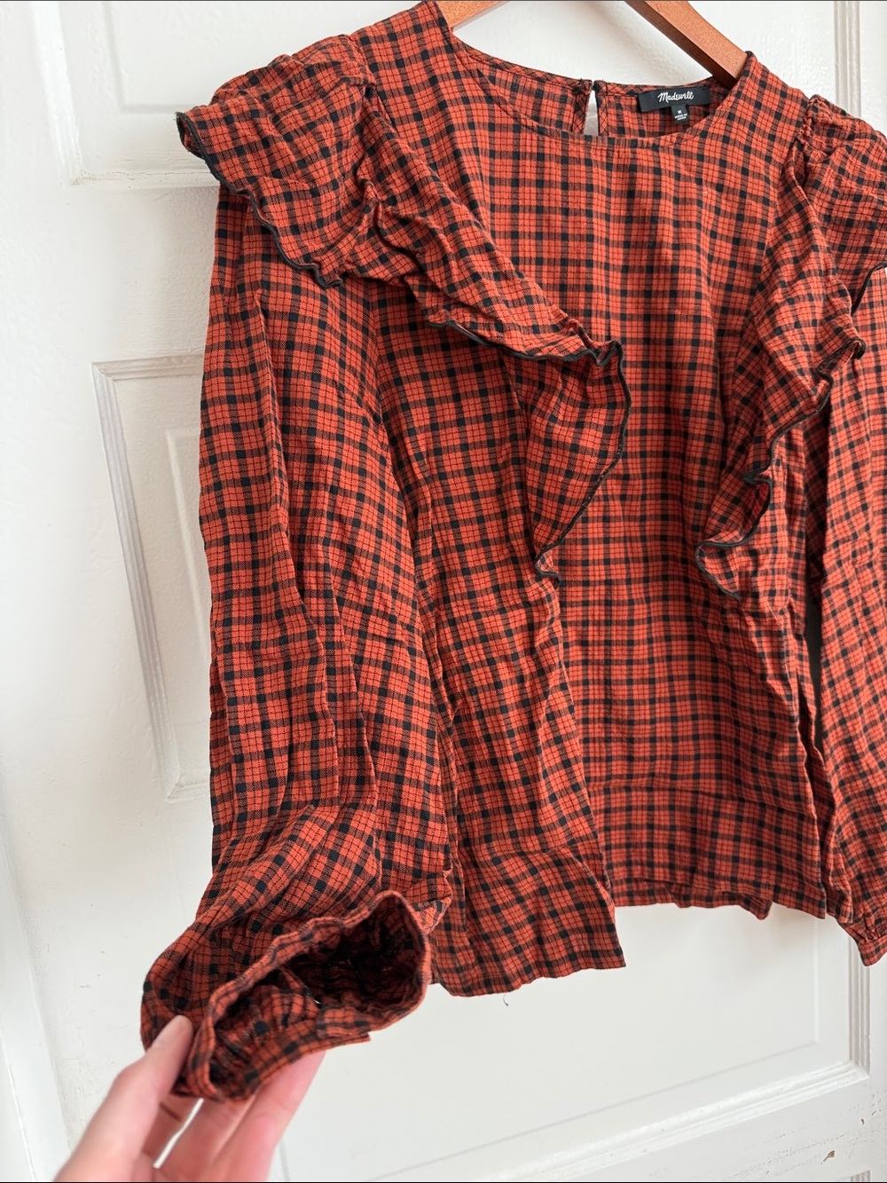 Madewell Rust Orange and Black Plaid Ruffle Top - Picture 2 of 7